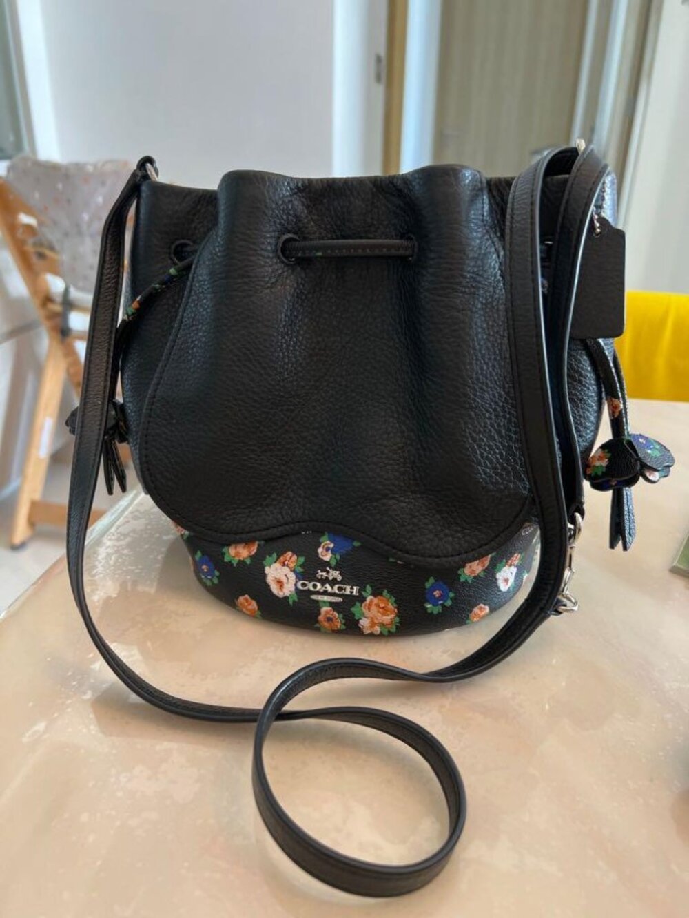 Coach Black Pebbled Leather Floral Bucket Crossbody Bag - Picture 2 of 11